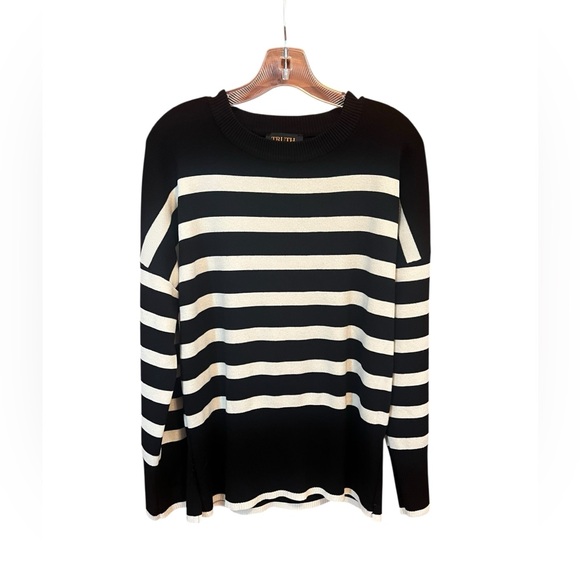 Black and White Striped Crew Neck Sweater - Picture 1 of 3
